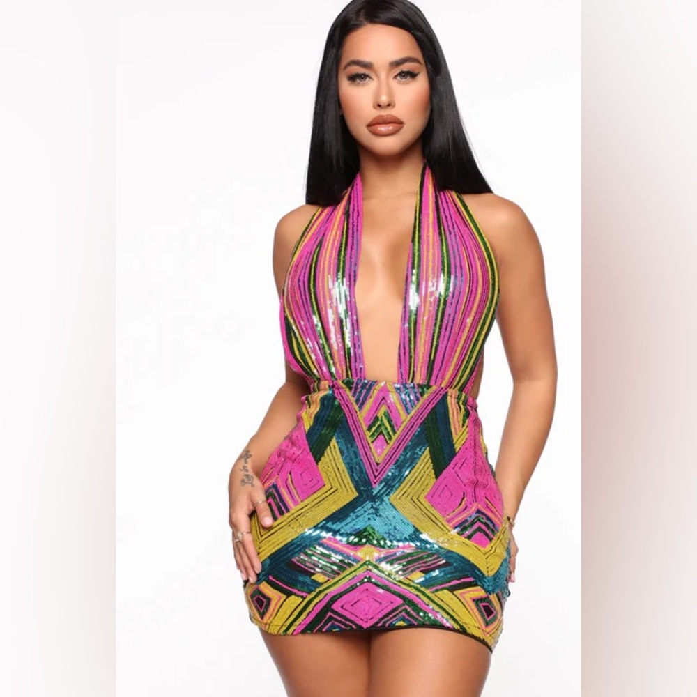 All Types Sequin Mini Dress - Multi Pink, Green, Blue, Yellow